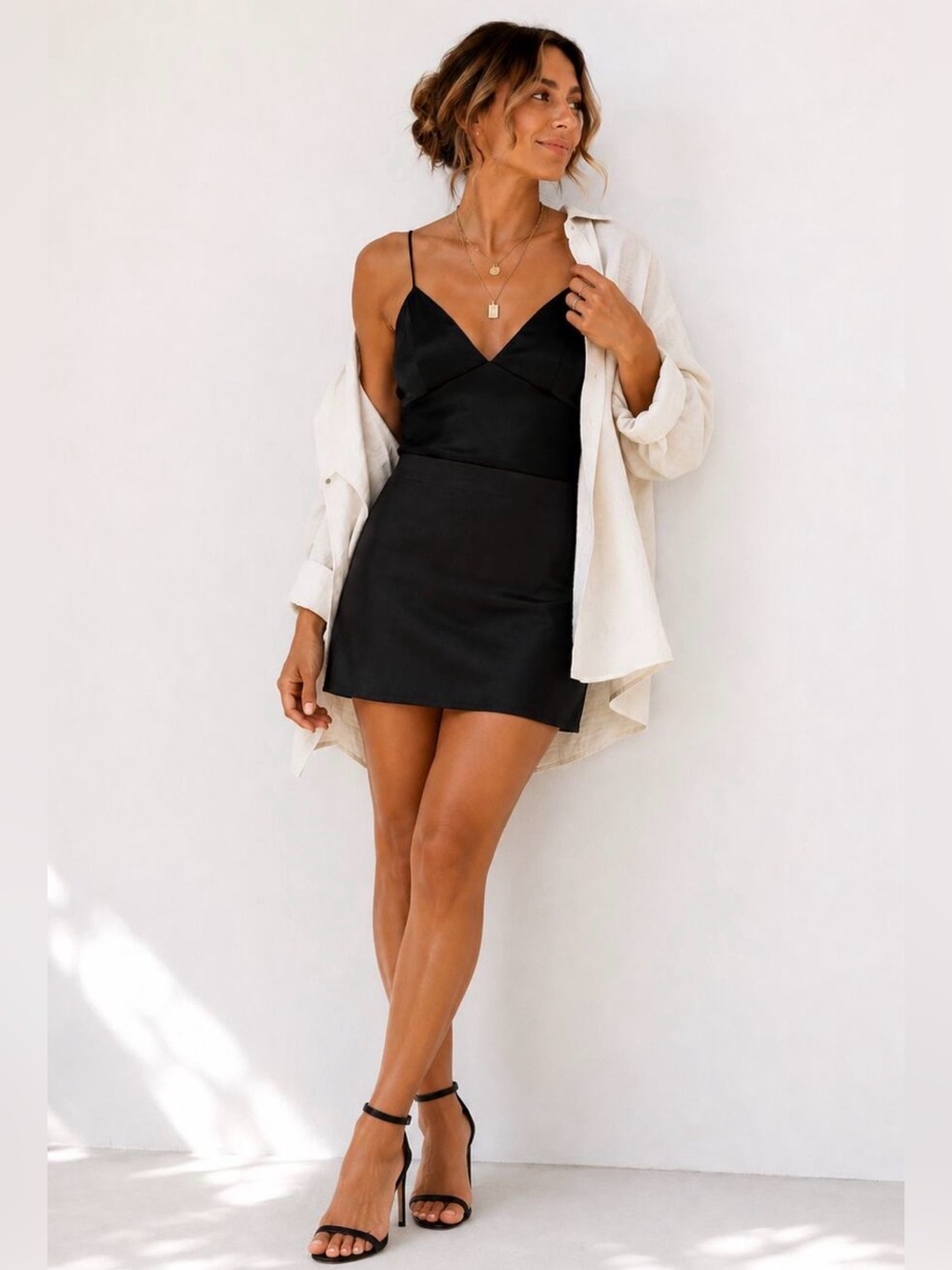 The Vintage Shop Black Satin Slip Dress Small Minimalist 90s Midi